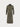 Olive green long-sleeve yvy shirt dress with a button-up front, classic colar, and tailored fit. The calf-length dress features a minimalist design, displayed on a plain background.